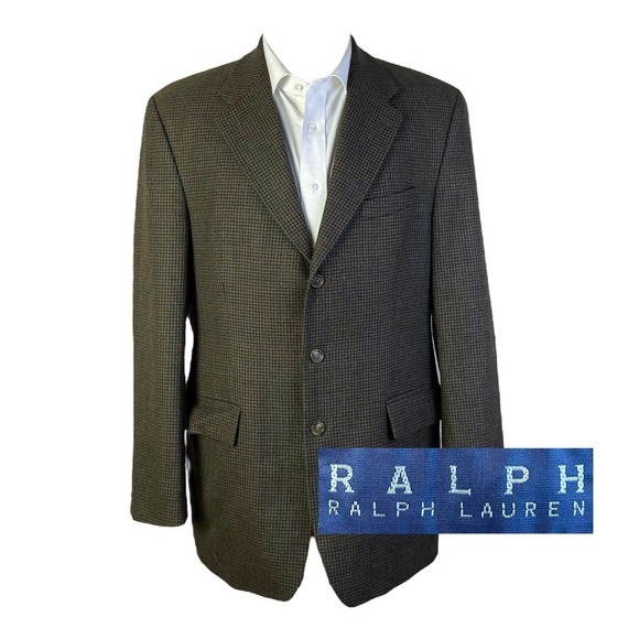 Ralph Lauren Blazer Mens 42L 42T Brown Houndstooth 3‎ Button Wool Alpaca Flannel - Picture 1 of 8